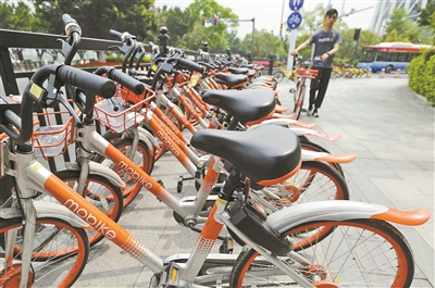 海珠區(qū)街頭的一處共享單車停放點。